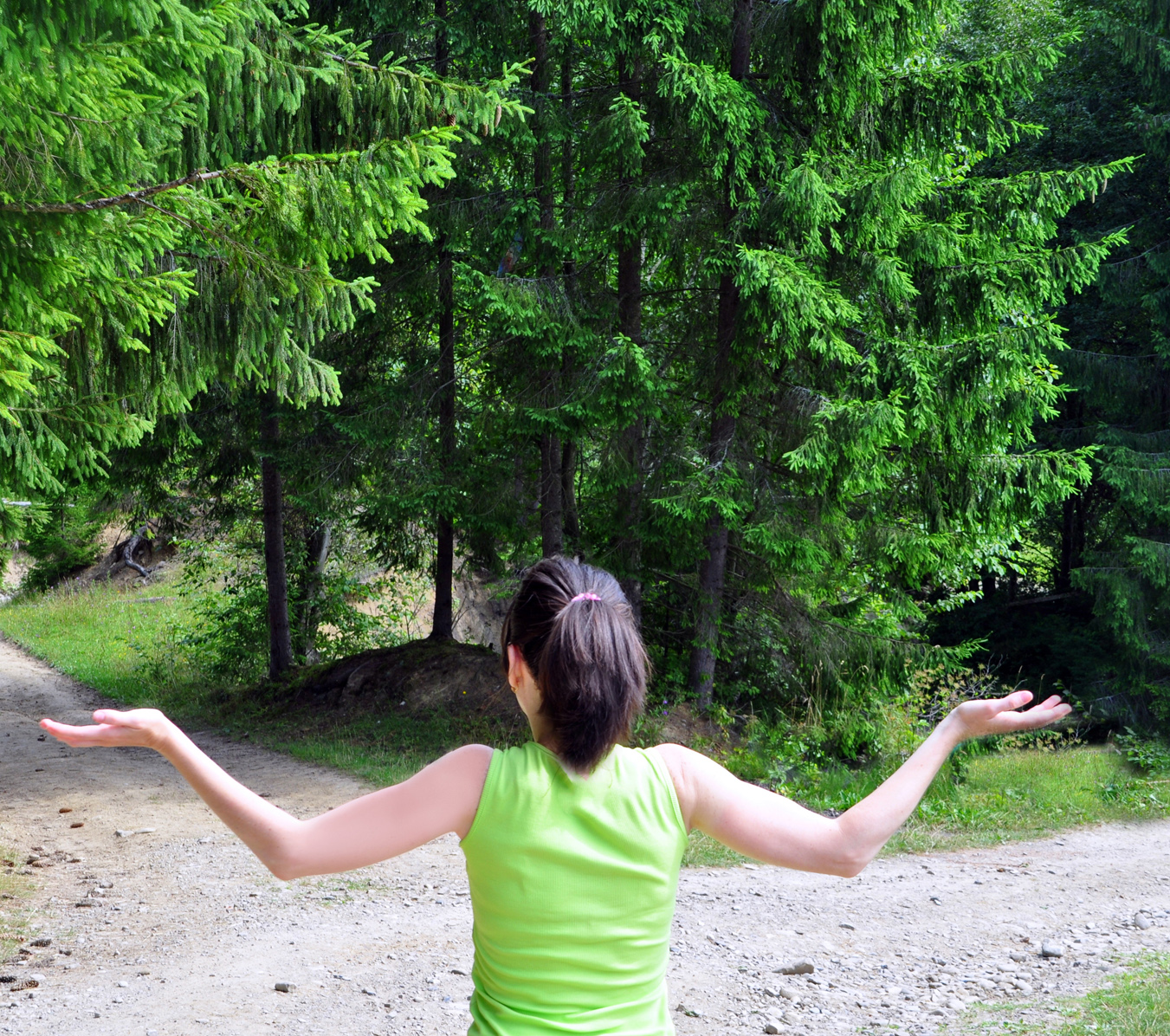 Girl with a choice near the forked road.